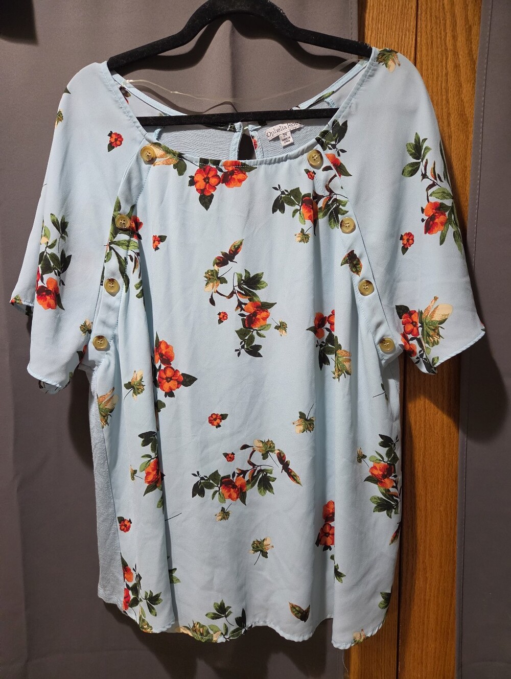 Ophelia Roe Floral Button-Detail Light Blue Women’s Top